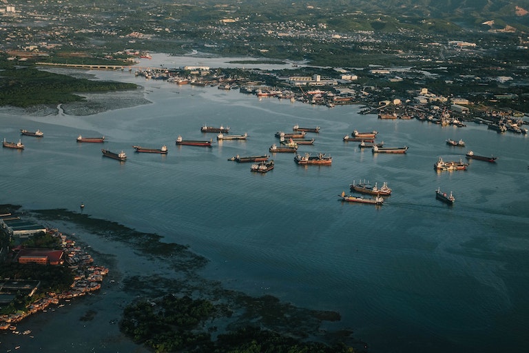 Arial view of cargo ships in a bay.